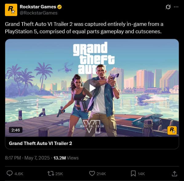 GTA 6 X post by Rockstar where they announce that the trailer used a mix of in-game footage and cutscenes