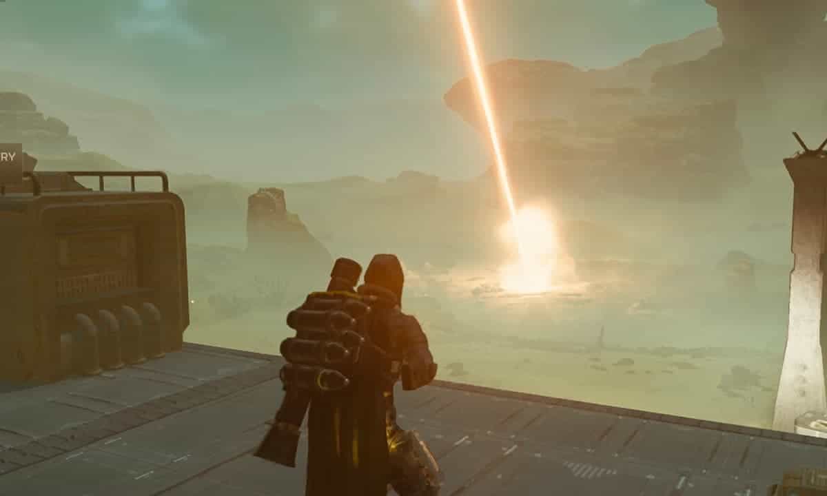 Helldivers 2 player looking at something exploding.