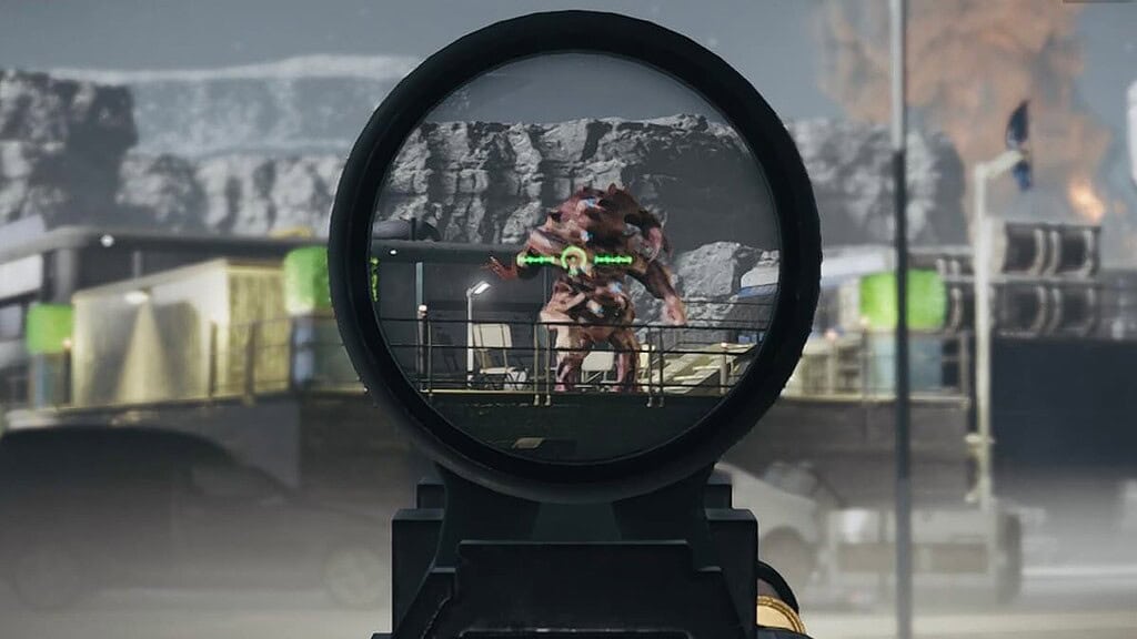 Fleshmob, aka Meatballs, seen through the scope in Helldivers 2.