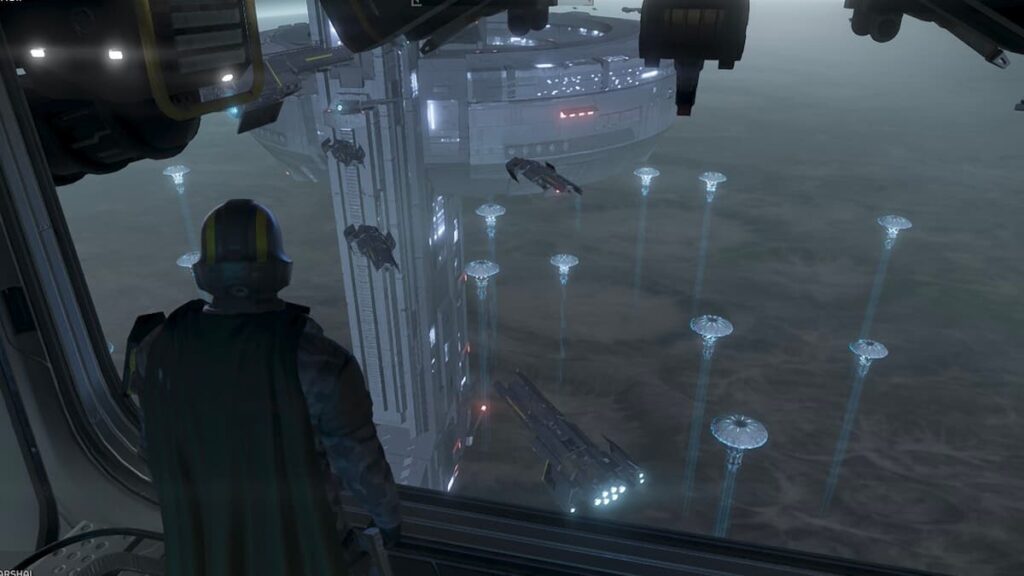 Helldivers 2 player looking at the DSS and the Illuminate ships.