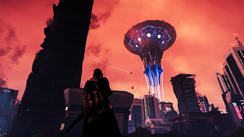 Helldivers 2 player looking at an Illuminate Overship above one of the mega cities on Super Earth