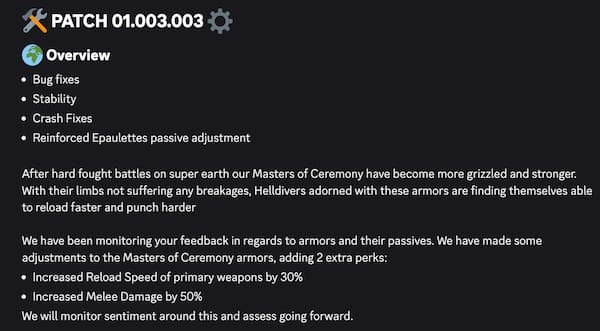 Latest Helldivers 2 patch brought a buff to the armor passive.