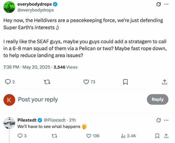 Helldivers 2 CCO, Pilestedt, hints at a possible SEAF stratagem.