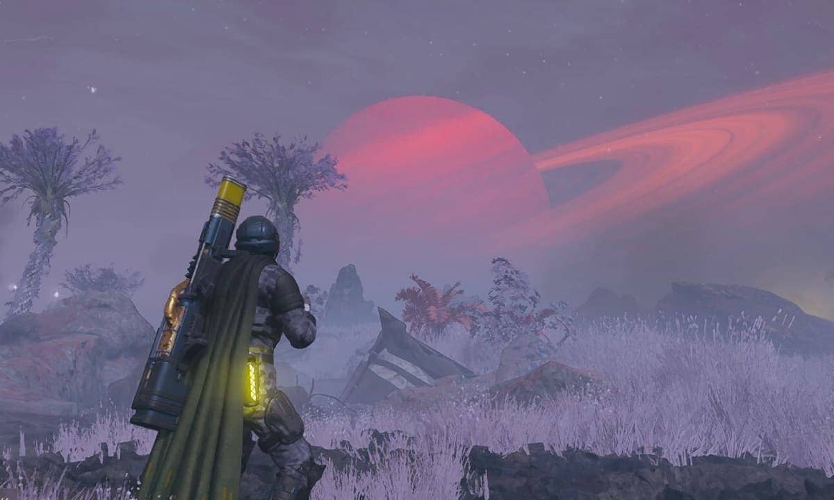 Helldivers 2 player looking at a moon.