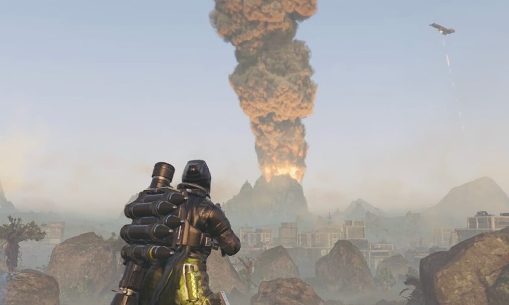 Helldivers 2 player looking at an explosion.