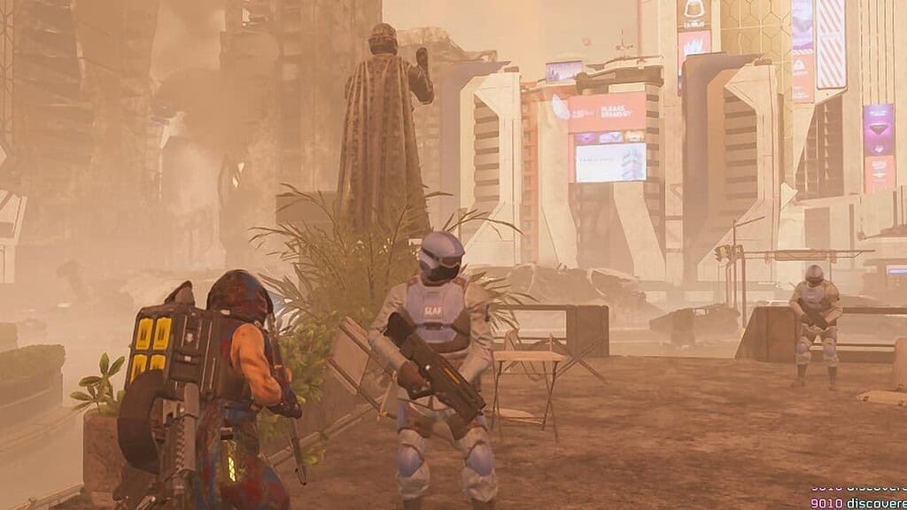 Helldivers 2 player interacting with SEAF in front of statues on Super Earth.