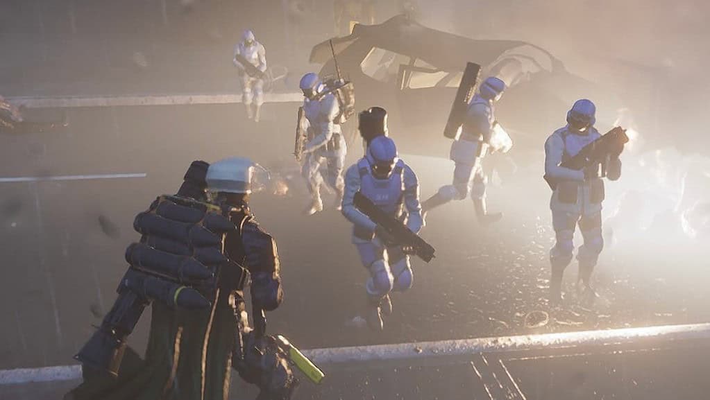 Helldivers 2 player watches SEAF troops on the street of Super Earth.