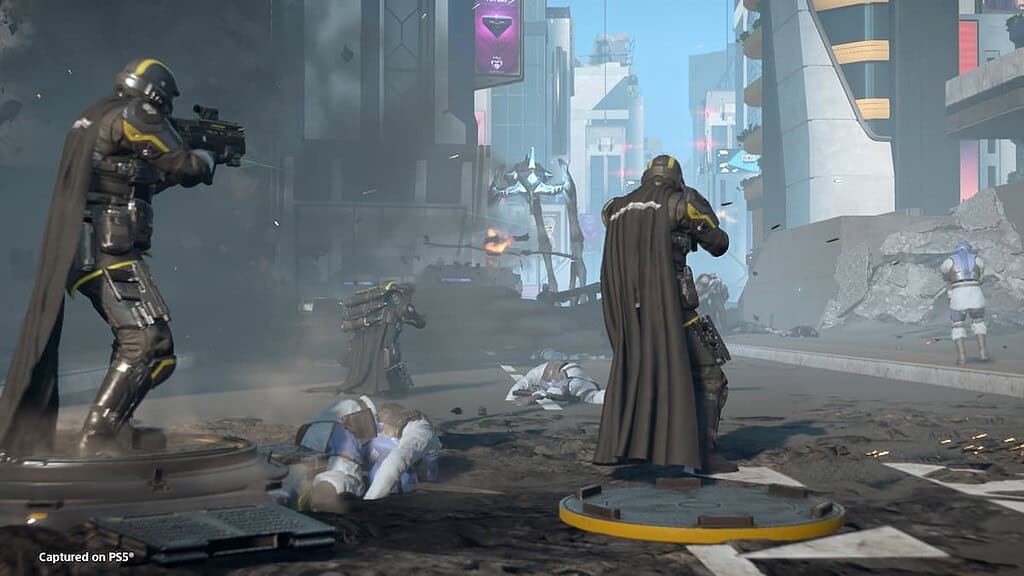 Helldivers 2 players fighting with the Illuminate on the streets of Super Earth.