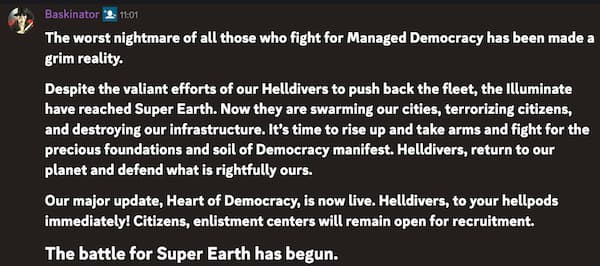 The announcement of the new Helldivers 2 update on Discord.