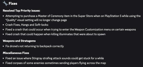 All the fixes in the Helldivers 2 update.