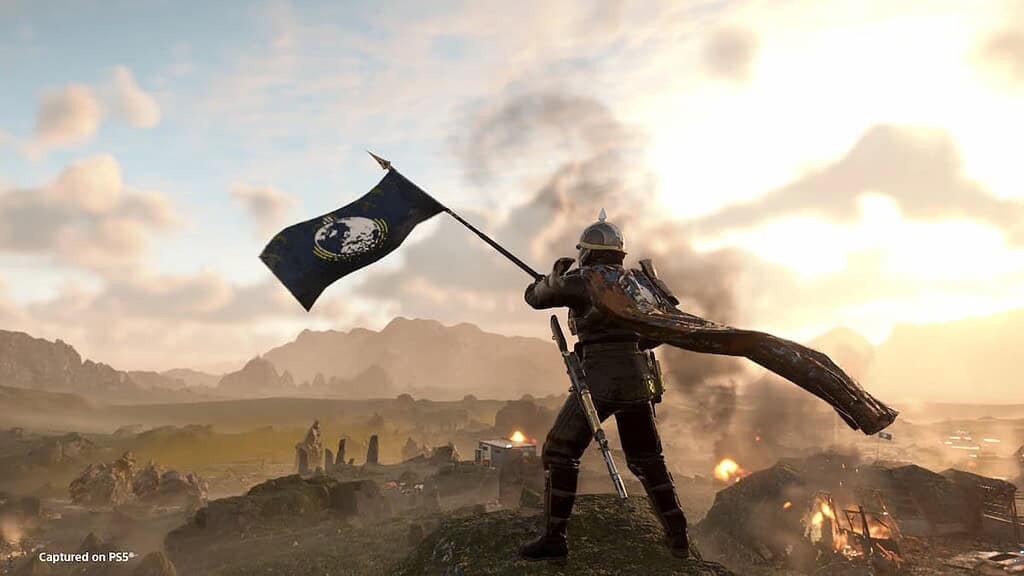 Helldivers 2 player. waving the flag from the Masters of Ceremony Warbond.