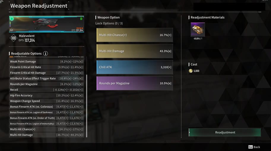 The First Descendant Weapon Readjustment screen with the Multi-Hit as a new stat.