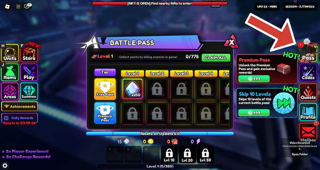Anime Vanguards Battle pass rewards