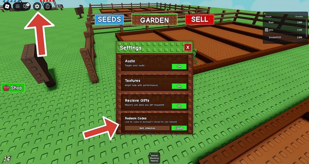 Grow a Garden setting and redeem codes location