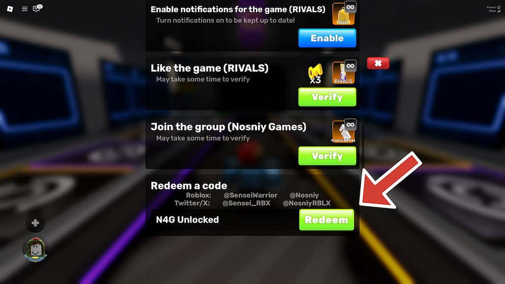 Roblox Rivals red arrow pointing to the redeem button