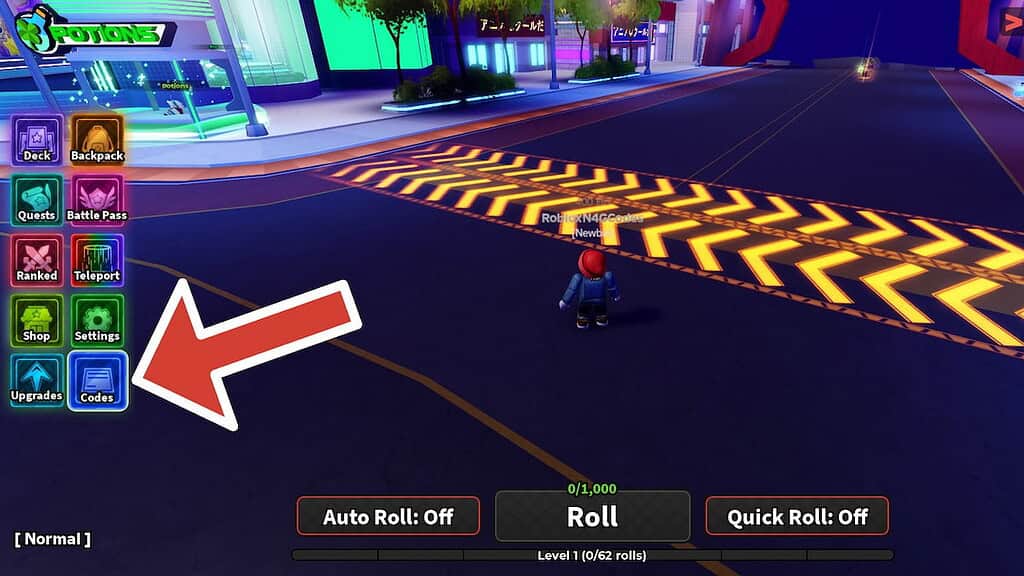 Anime Card Clash a red arrow pointing towards the Codes button
