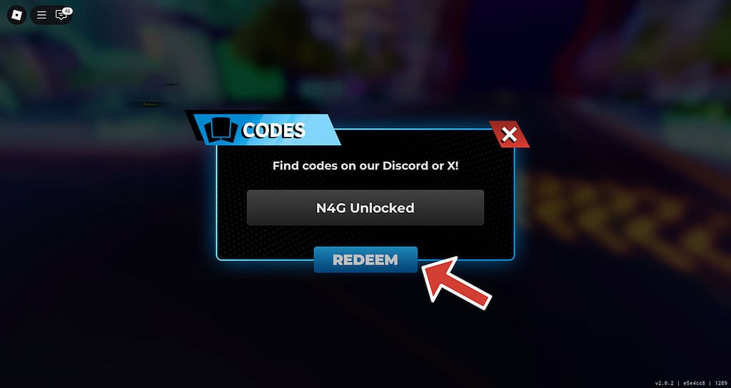Anime Card Clash a red arrow poting towards the redeem button in the codes window
