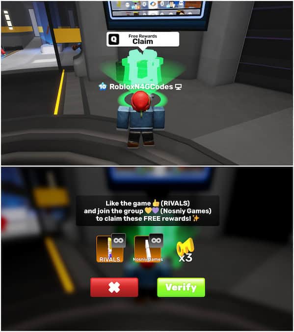 Roblox Rivals character standing in front of the free rewards icon