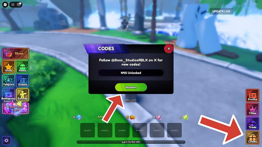 Anime Last Stand red arrows pointing to the Codes button, and the Redeem button.