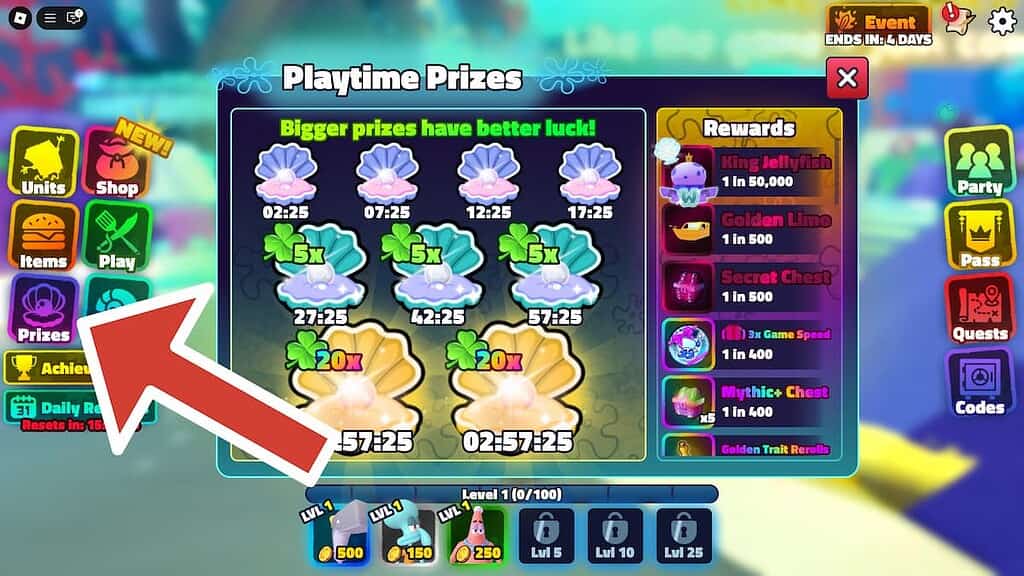 SpongeBob Tower Defense Playtime Prizes screen