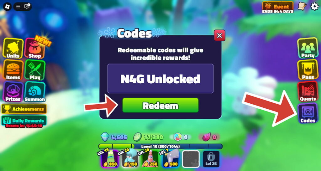SpongeBob Tower Defense red arrows pointing to the Codes button and the Redeem button