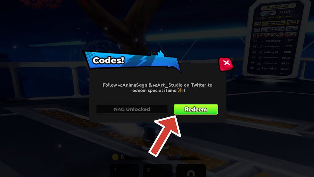 Anime Saga codes screen with a red arrow pointing to the Redeem button.