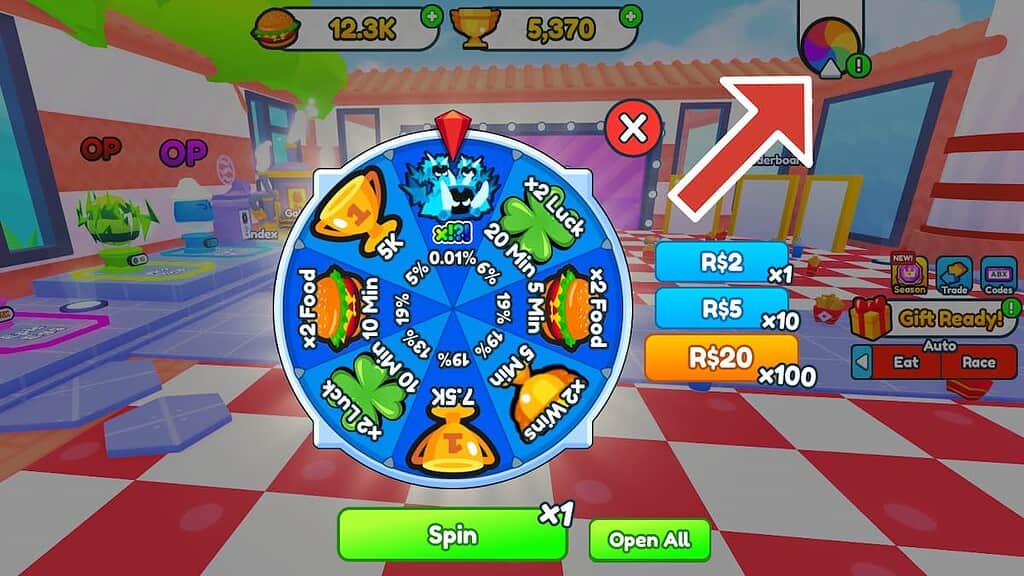 Get Fat and Roll Race prize wheel screen, showing a wheel with various prizes and a red arrow pointing to a button with a colorful wheel.