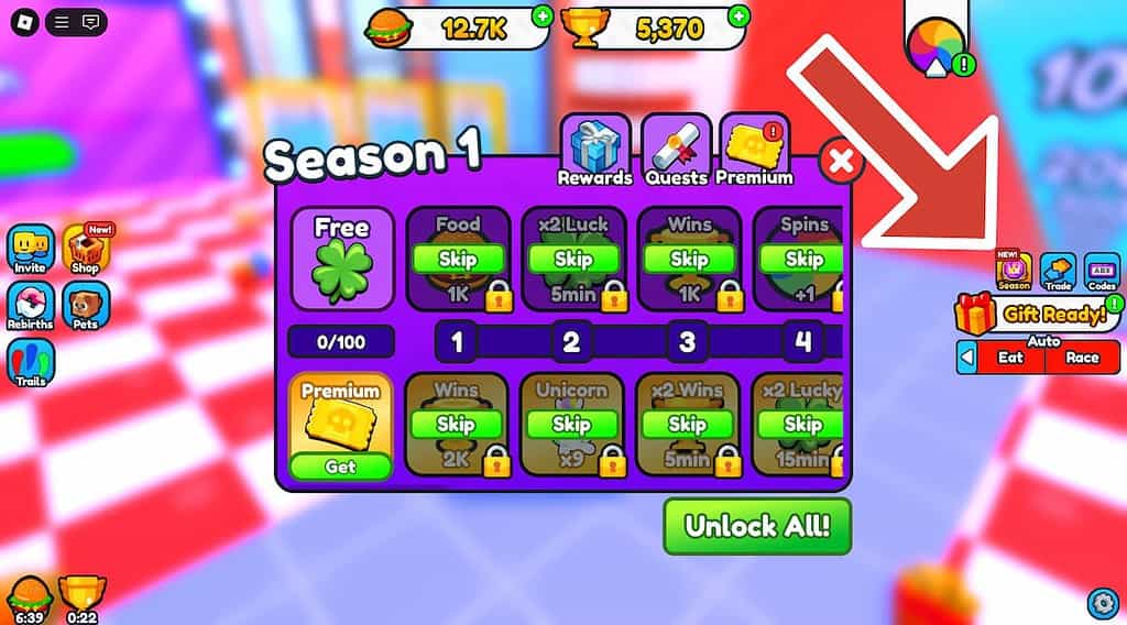 Get Fat and Roll Race Season pass screen with a red arrow pointing toward the Season button.