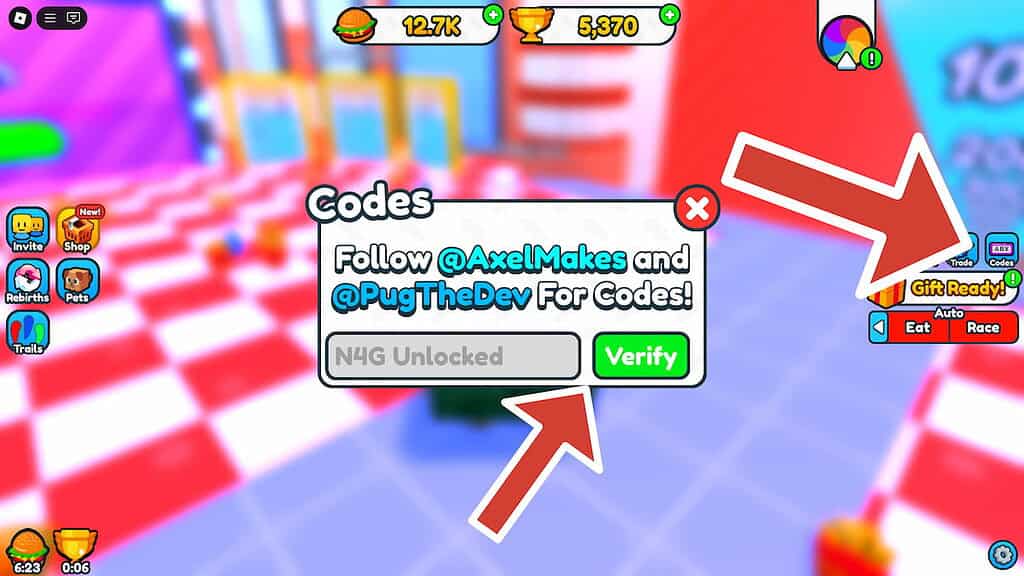 Get Fat and Roll Race image of the codes screen with red arrows pointing to the Codes button and the Verify button.