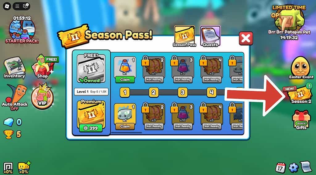 Brainrot Evolution Season pass screen showing the free an the premium track.