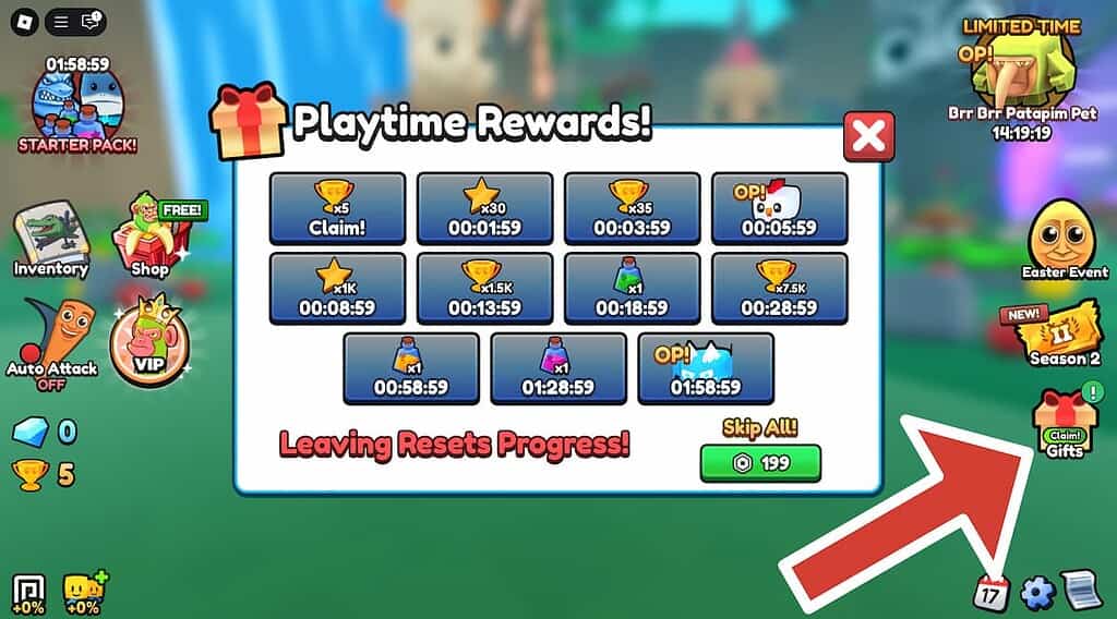 Brainrot Evolution playtime rewards screen with an arrow pointing to the Gifts button.