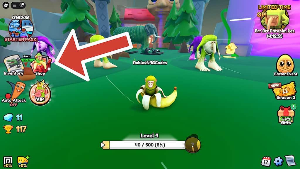 Brainrot Evolution in-game image with an arrow pointing to the Shop button.