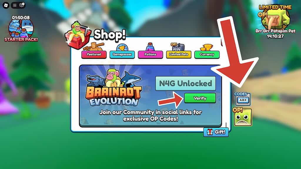 Brainrot Evolution shop screen with arrows pointing to the Codes and Verify button.