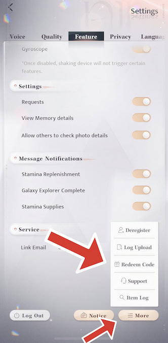 Love and Deepspace the Settings screen with red arrows points to the More and Redeem Code buttons
