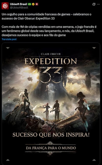 Clair Obscur: Expedition 33 screenshot of an X post by Ubisoft Brazil, congratulating Sandfall for their success