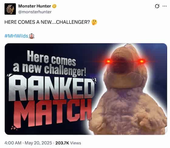 Capcom hints at a collab between Street Fighter and Monster Hunter Wilds in an X post.