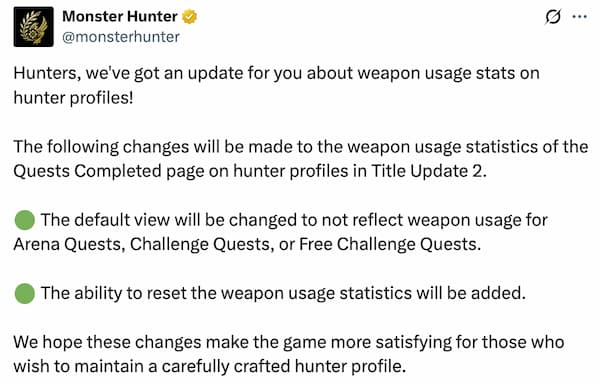 The upcoming changes to the weapon usage statistics in Monster Hunter Wilds.
