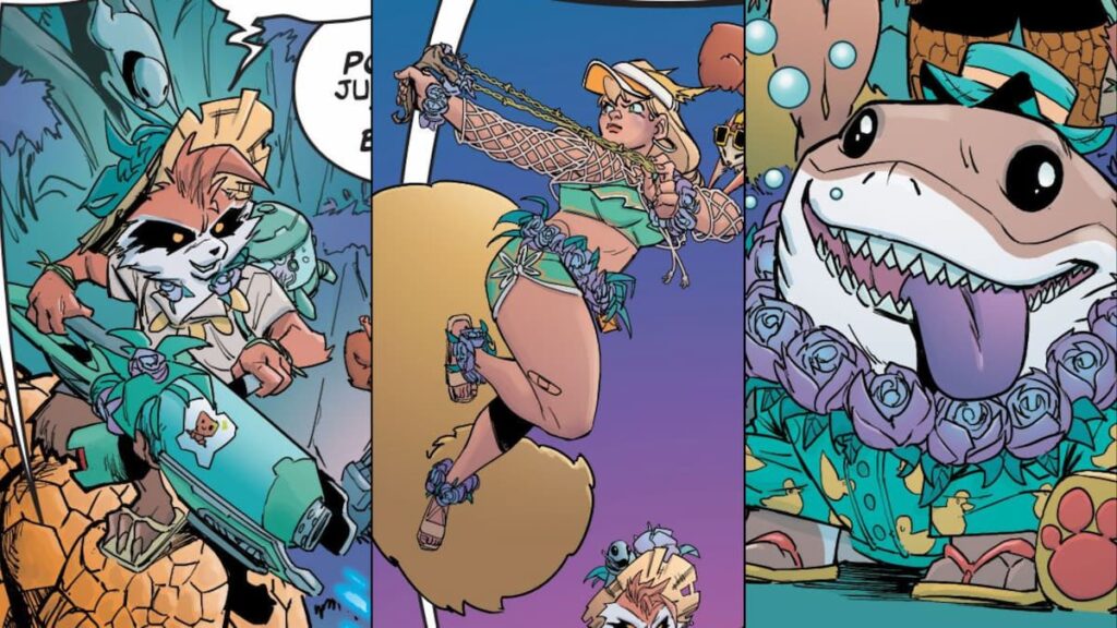 Marvel Rivals image of Jeff, Squirrel Girl and Rocket Racoon, in flowery outfits from the Marvel Rivals Infinity comic