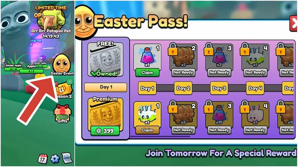 Brainrot Evolutioneaster pass screen with an arrow pointing to the Easter Pass button.