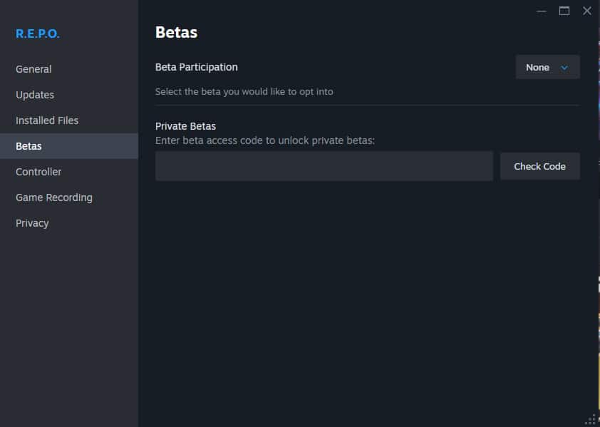 REPO Properties screen, Betas tab