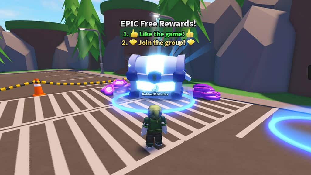 Survive Overnight in a Mega Store Codes Roblox character standing in front of a large glowing blue chest.