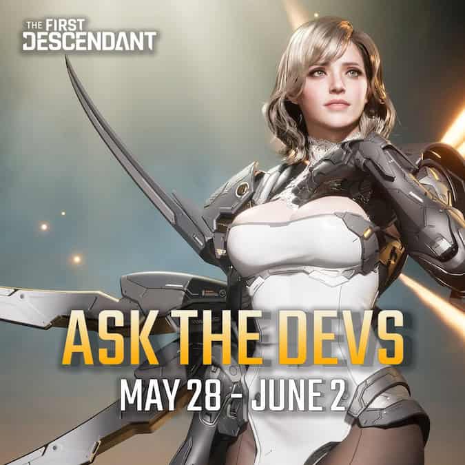 The First Descendant promo image for Ask the Devs event, showing Serena and May 28 - June 2