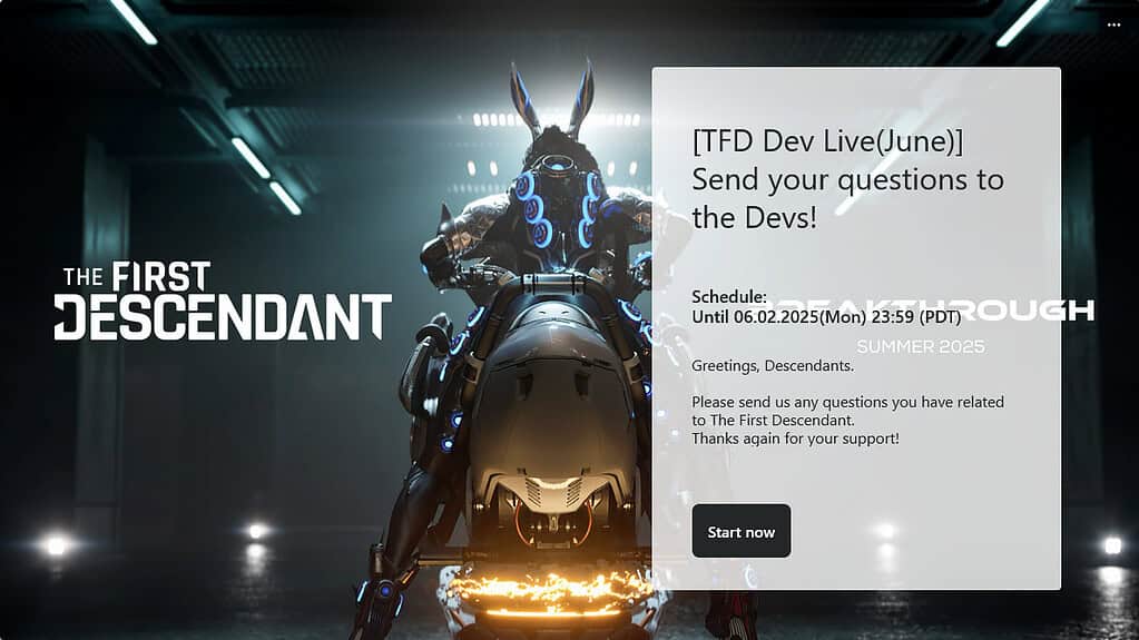 The First Descendant image of Bunny riding a bike, with the Ask the Devs information screen.