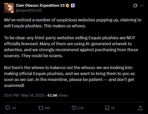 Clair Obscur: Expedition 33 screenshot of the official X post about Esquie plushies scam and the possibility of the official ones