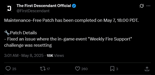 The First Descendant screensht of an X post about devs fixing the Weekly Fire Support event