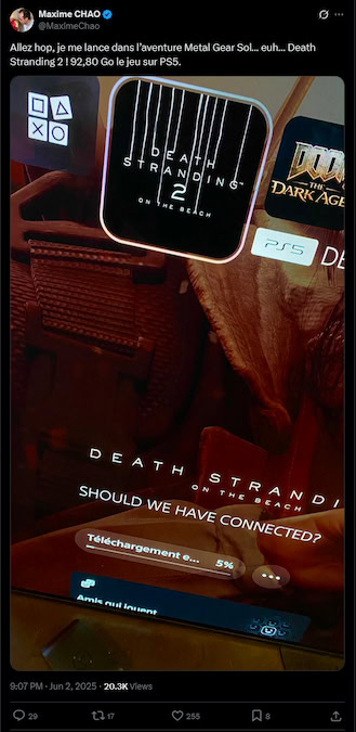 Death Stranding 2 screenshot from X showing the game being installed and the file size.