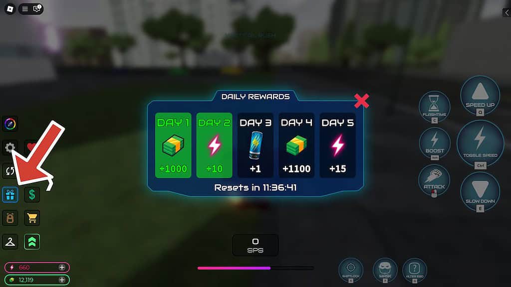Flashpoint Worlds Collide the Daily Rewards window with a red arrow pointing to the resent icon.