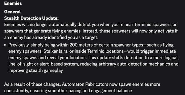 Stealth Detection Update in the latest Helldivers 2 patch.