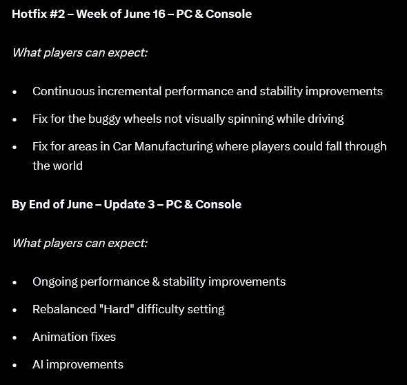 Mindseye screenshot of the hotfixes section on X, where the devs addressed the issues and said the game will get better.