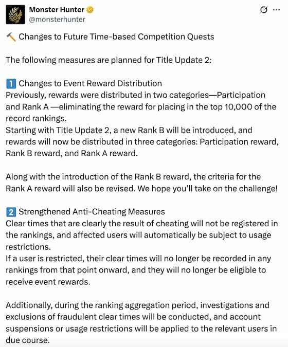 Changes to future competition quests in Monster Hunter Wilds.